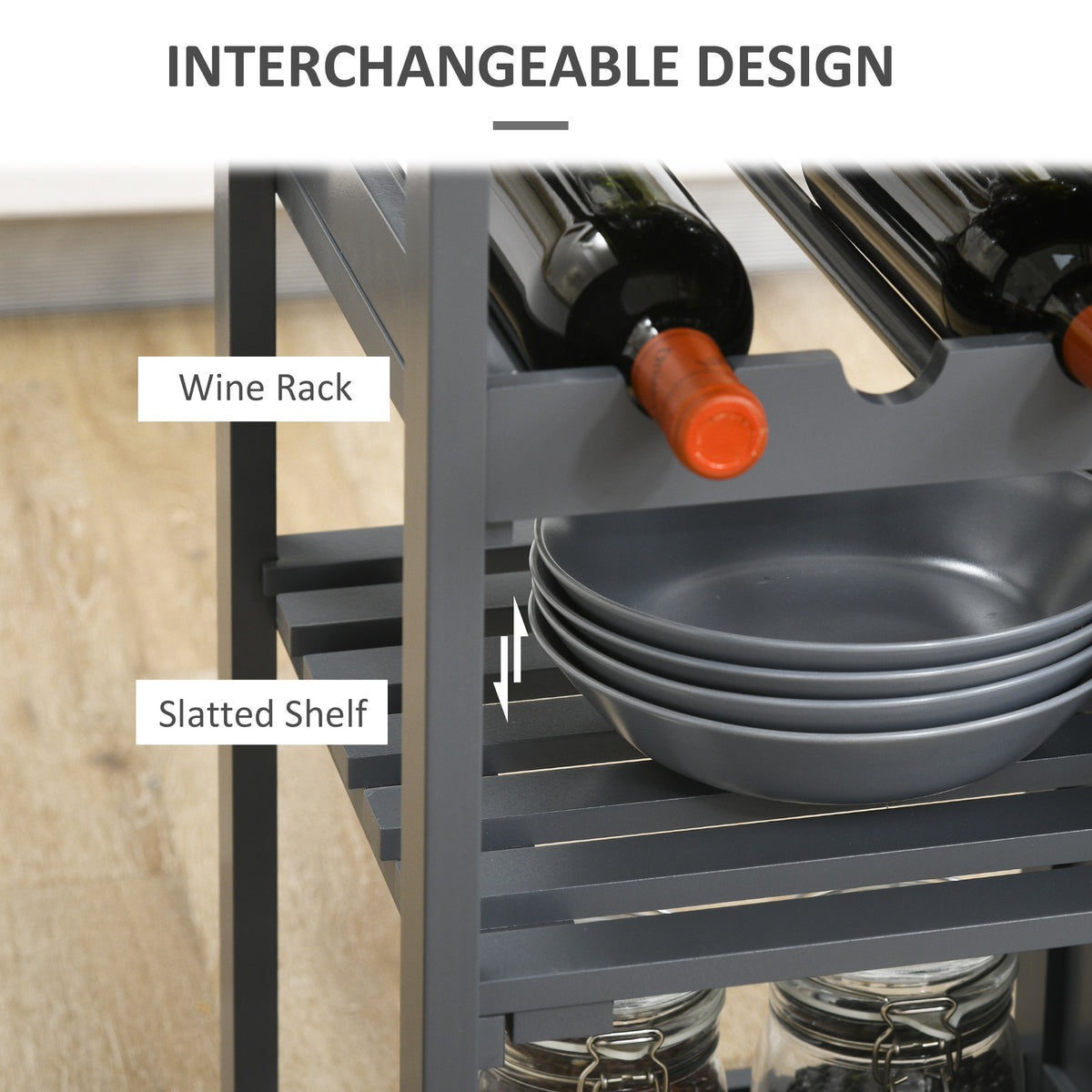 Bar Cart with Wine Rack and Stemware Holder, Rolling, Gray – image 7