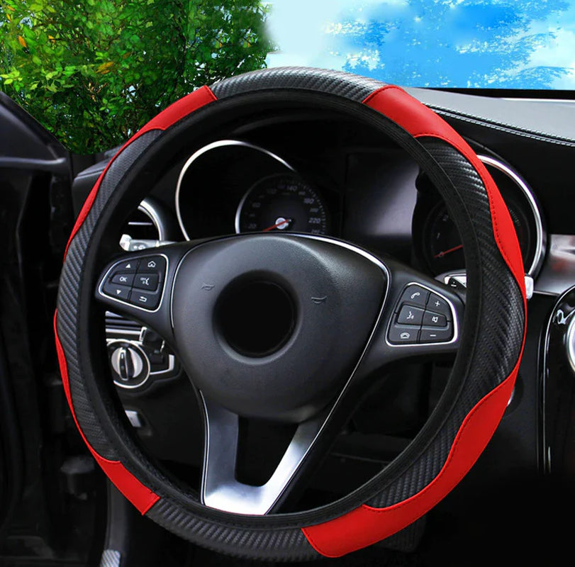 Steering Wheel Cover, Red & Black Carbon Fiber PU Leather, 15 in – image 3
