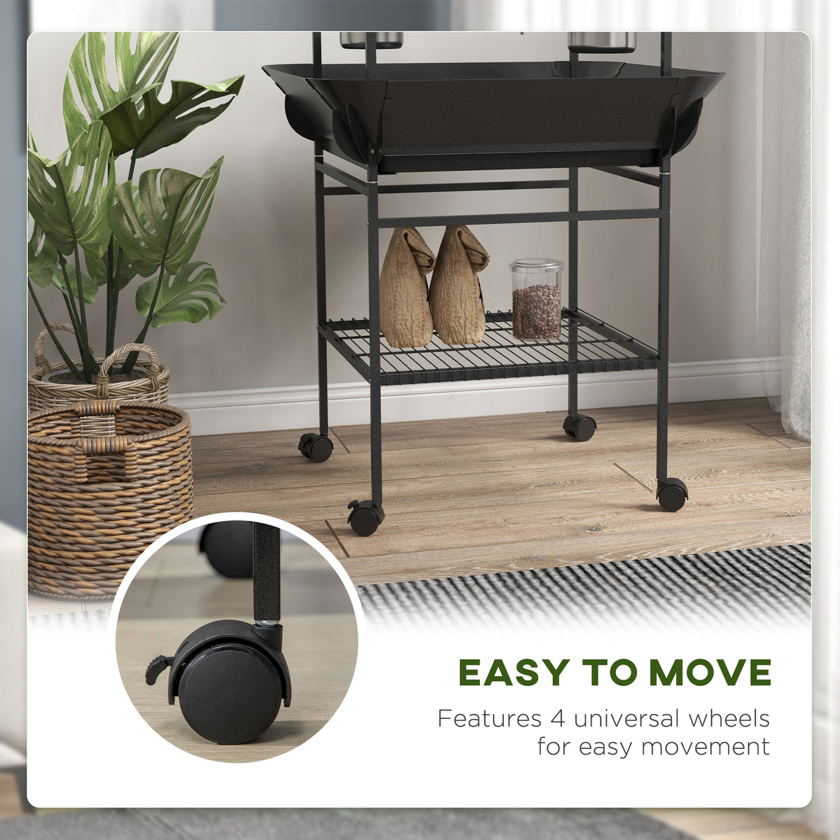Rolling Bird Play Stand with Ladder, Stainless Bowls and Pull-Out Tray – image 5