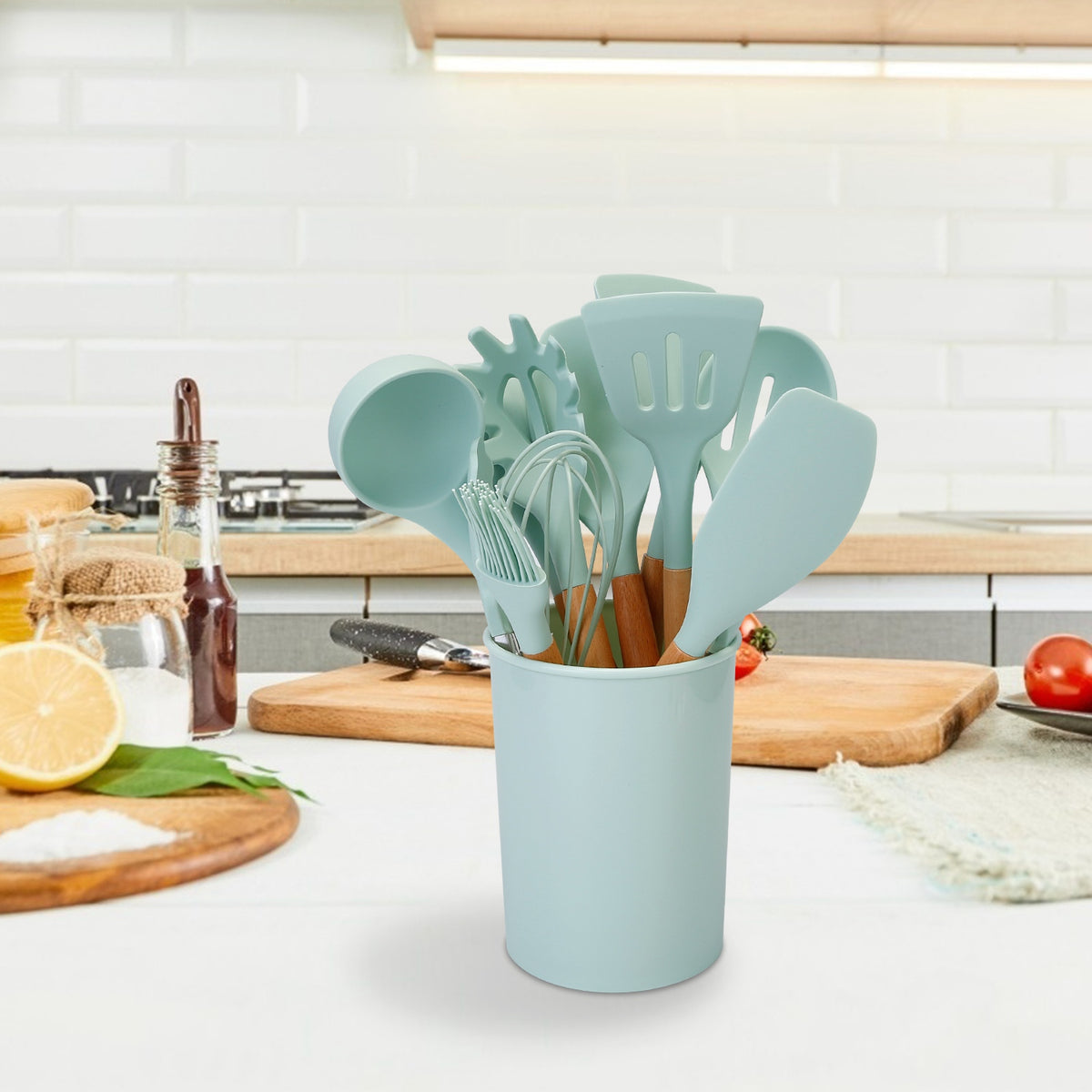 11-Piece Silicone Cooking Utensil Set with Wood Handles and Holder – image 12