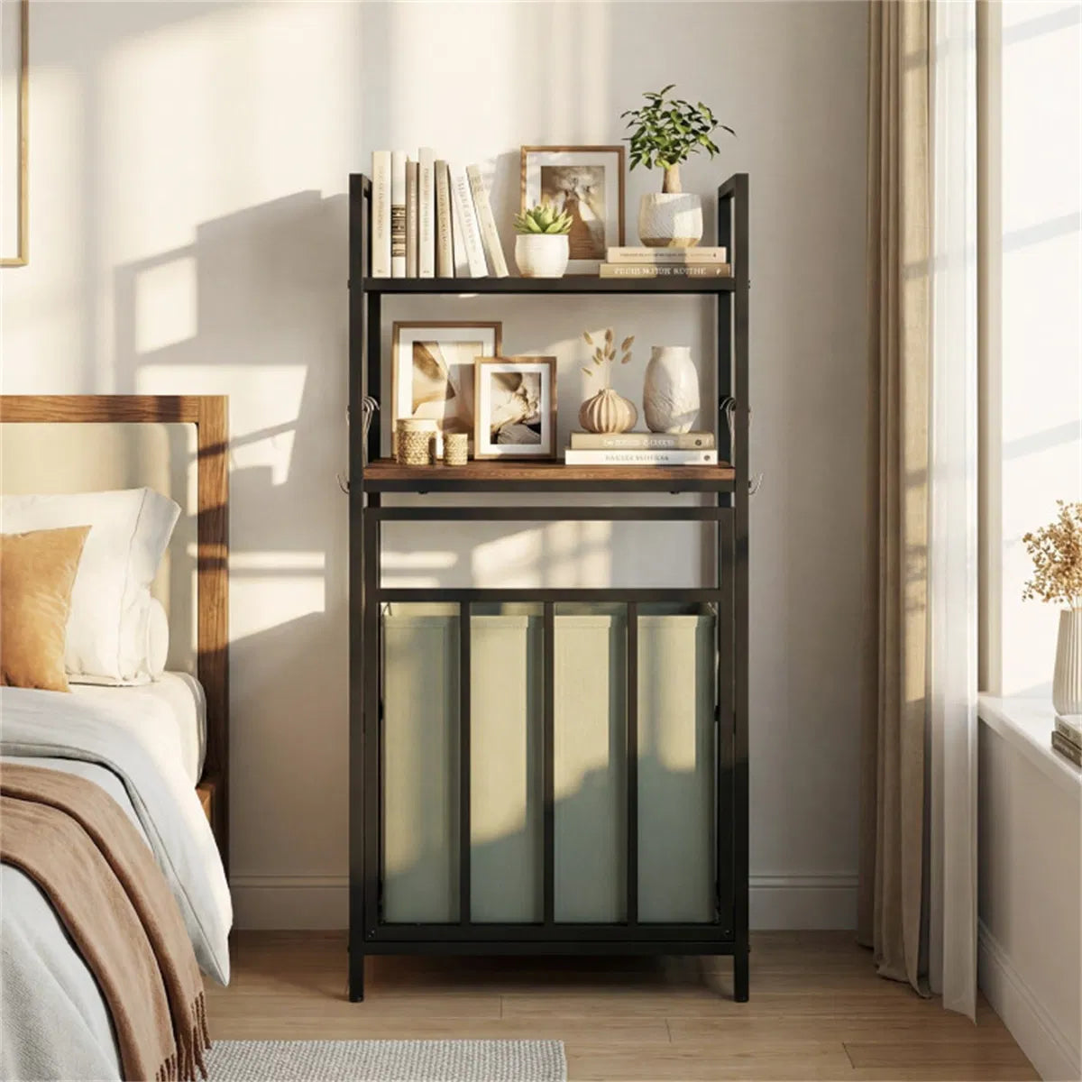 Laundry Hamper Cabinet Tilt-Out, Metal & Wood Bathroom Storage – image 4