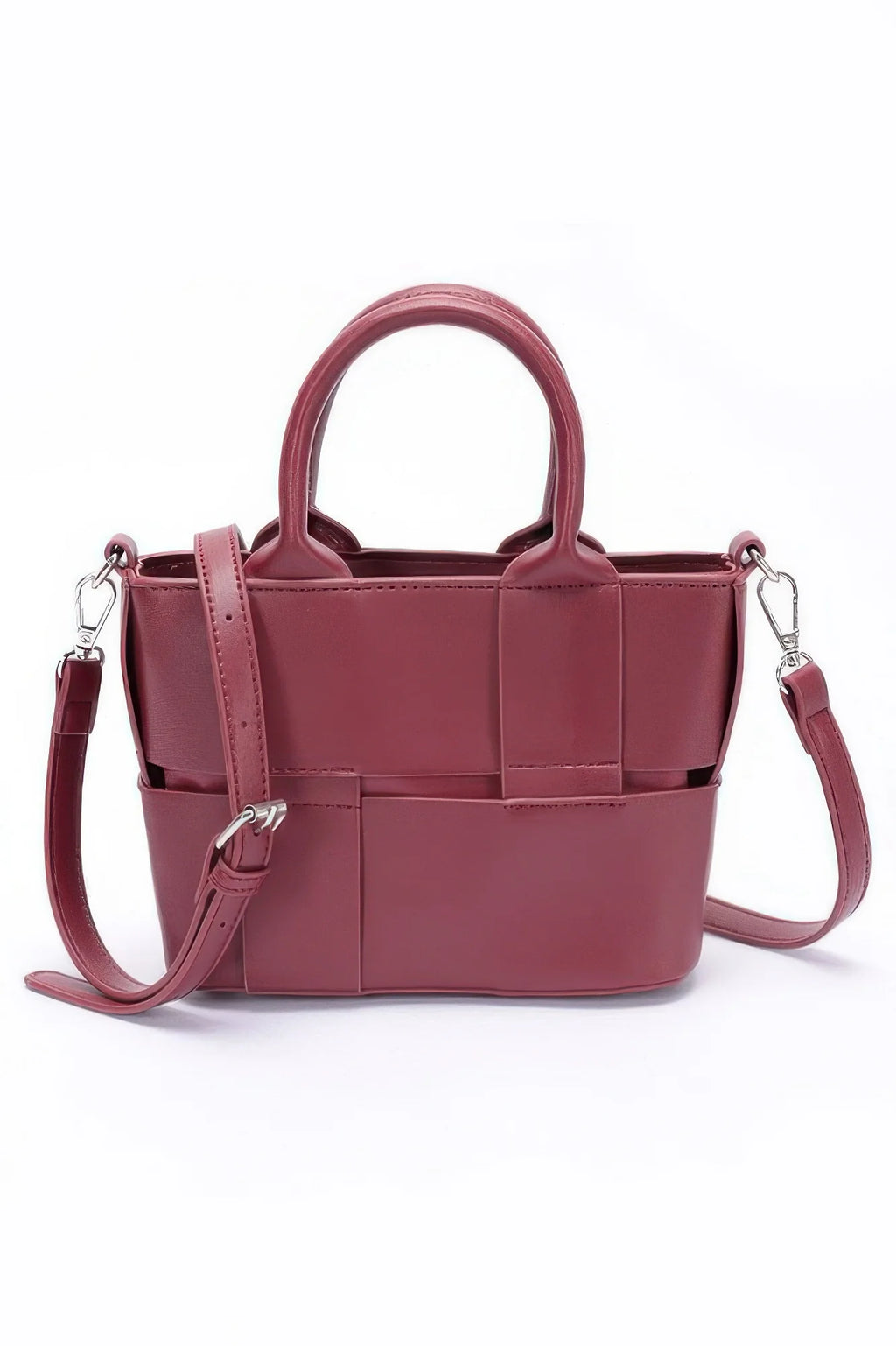 Faux Leather Mini Tote Bag with Strap, Burgundy – image 2