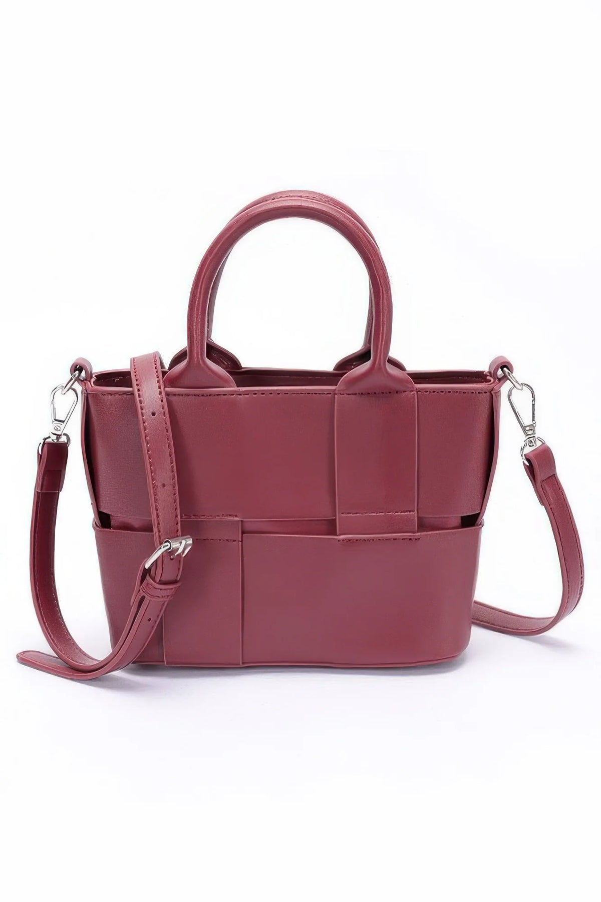 Faux Leather Mini Tote Bag with Strap, Burgundy – image 2