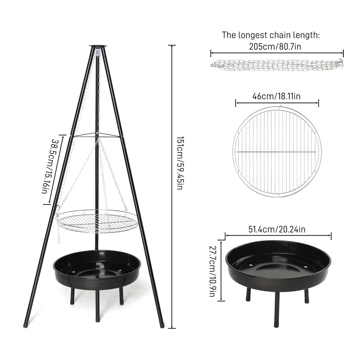 Campfire Tripod Grill with Fire Bowl, Adjustable Cooking Grate – image 5