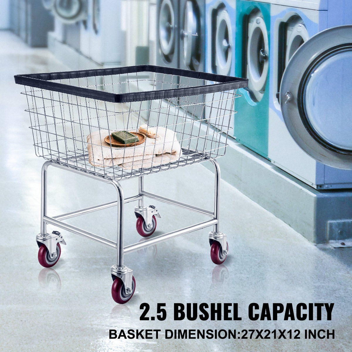Commercial Wire Laundry Cart, 2.5 Bushel Basket with 4 in Casters, Chrome – image 2
