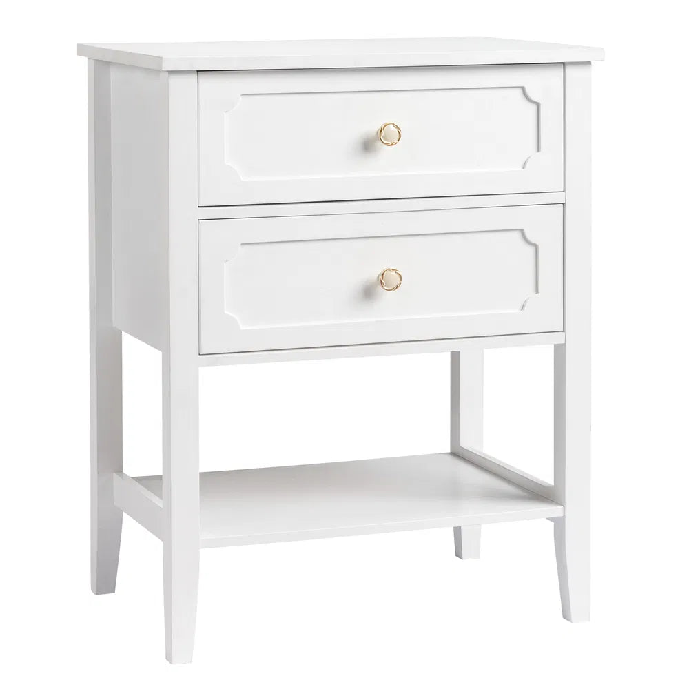 Solid Pine Wood Nightstand with 2 Drawers and Shelf, White