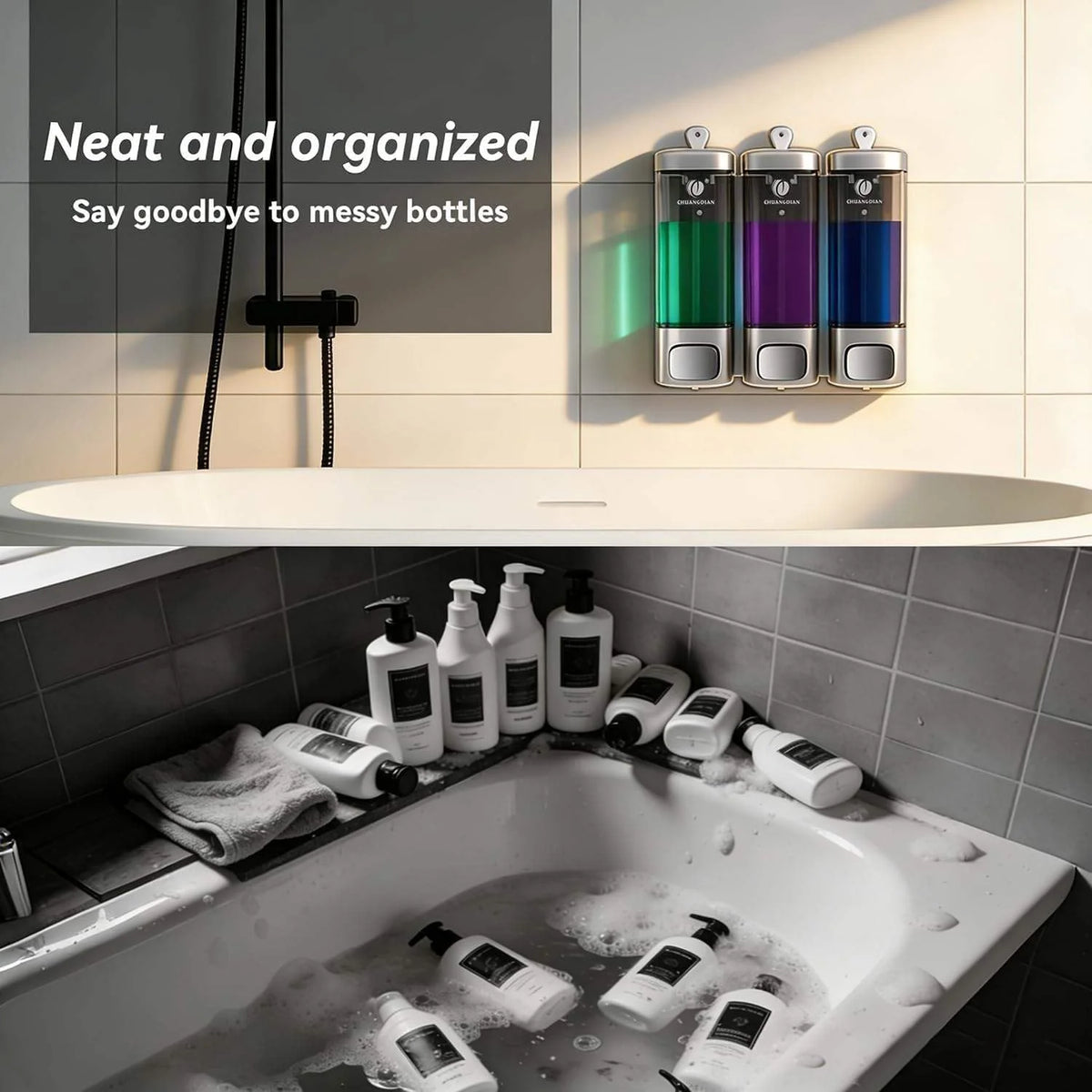 Shower Soap Dispenser, 3 Chamber Wall Mount, No-Drill – image 2
