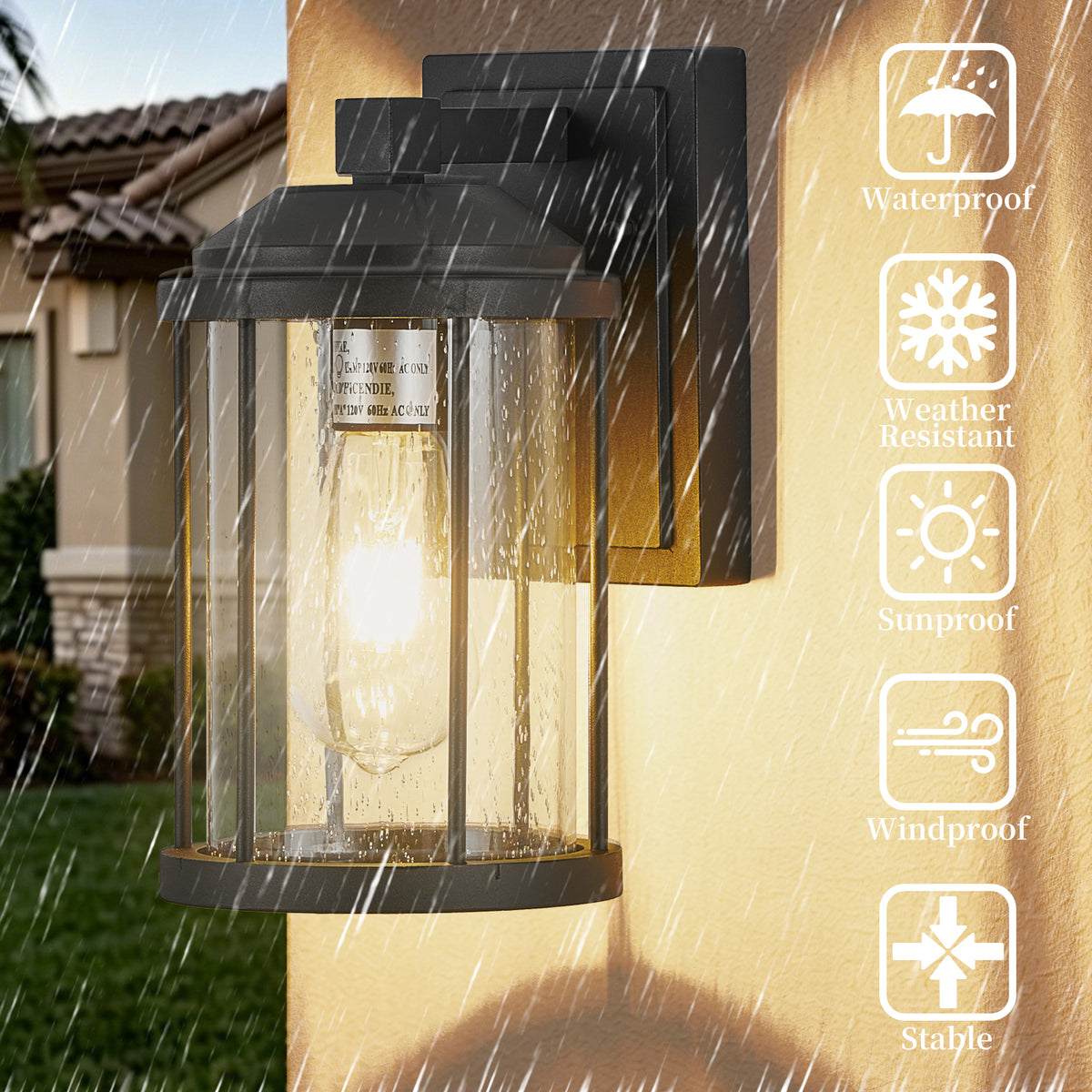 Outdoor Wall Sconces 2 Pack, Black Lanterns with Seeded Glass – image 5