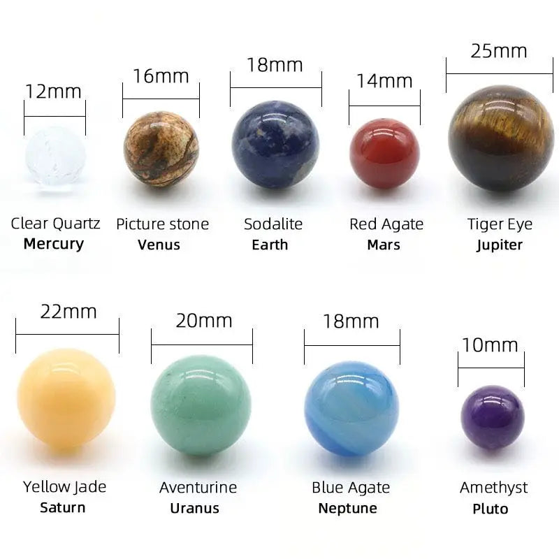 Solar System Crystal Ball Set - 9 Planet Gemstone Desk Decor