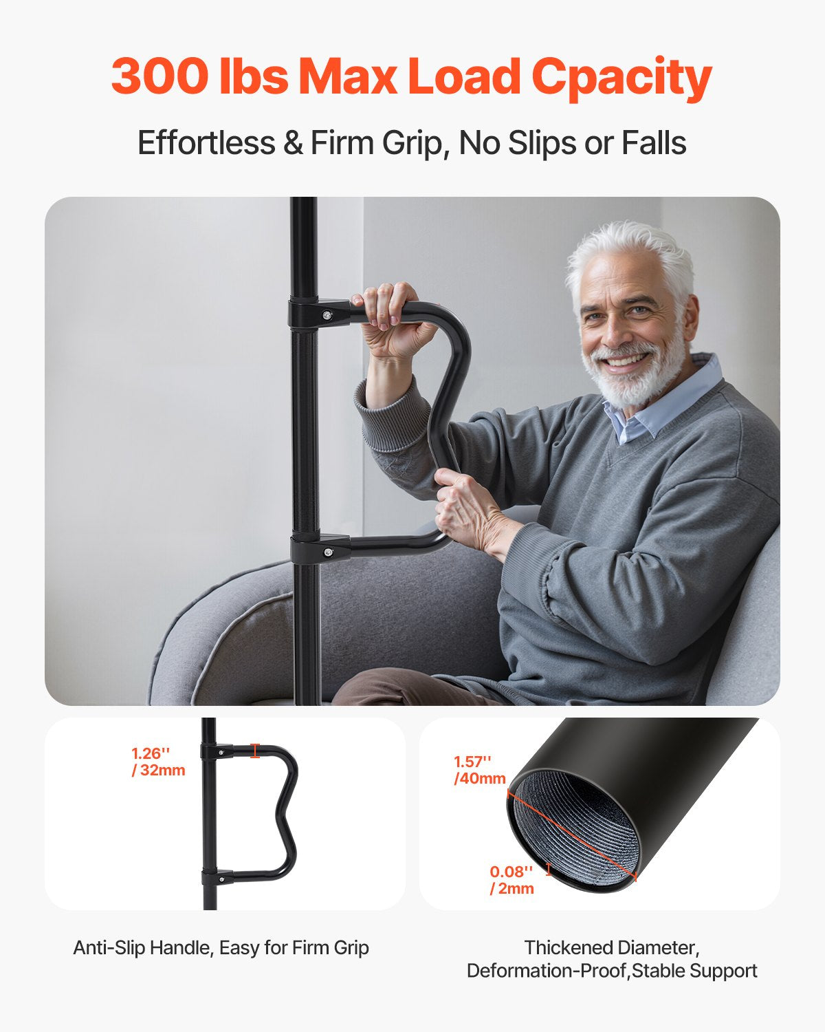 Floor-to-Ceiling Tension Support Pole with Curved Grab Handle, 7–10 ft – image 3
