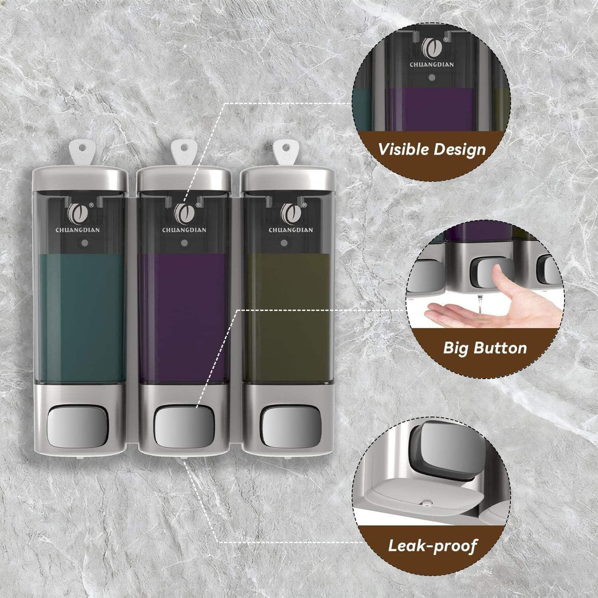 Shower Soap Dispenser, 3 Chamber Wall Mount, No-Drill – image 5