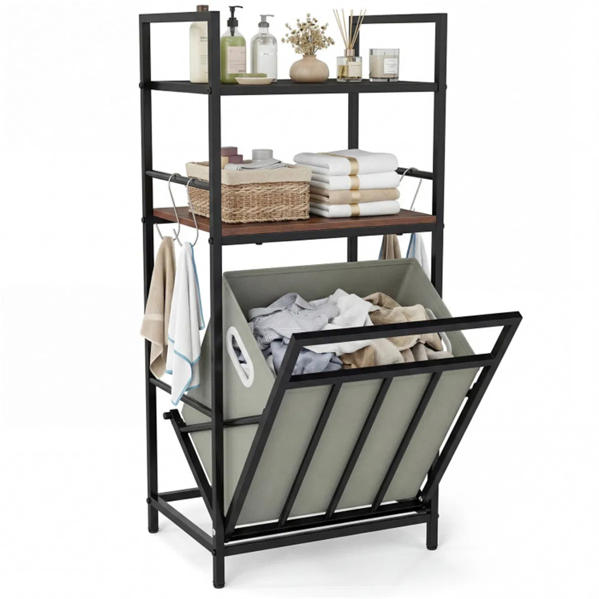 Laundry Hamper Cabinet Tilt-Out, Metal & Wood Bathroom Storage – image 2