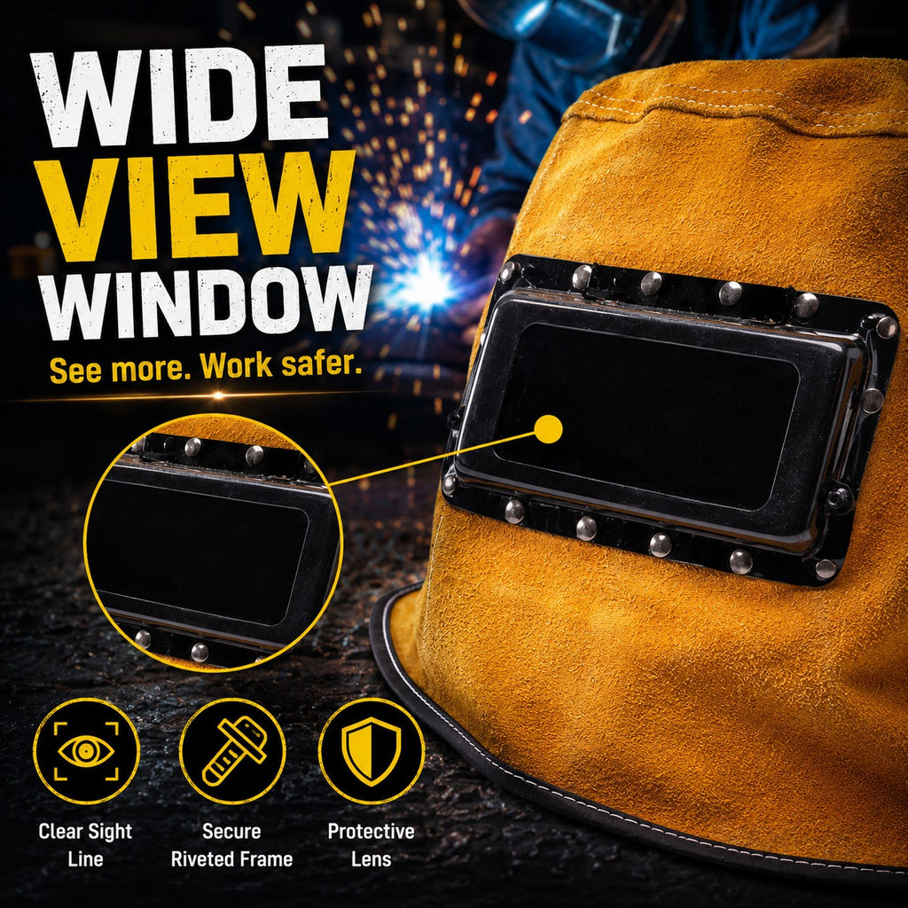 Leather Welding Hood with Lens, Sweat-Absorbent Welder Cap