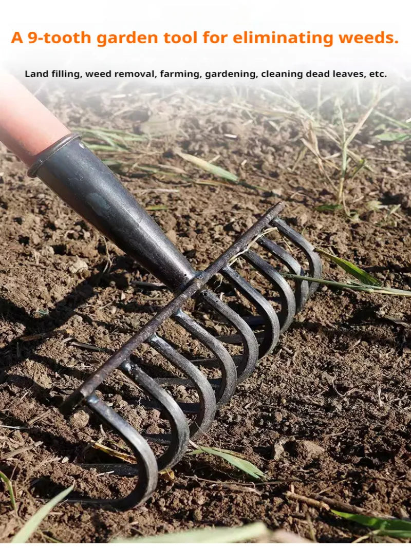 Nine-Tooth Garden Soil Rake with Manganese Steel Head