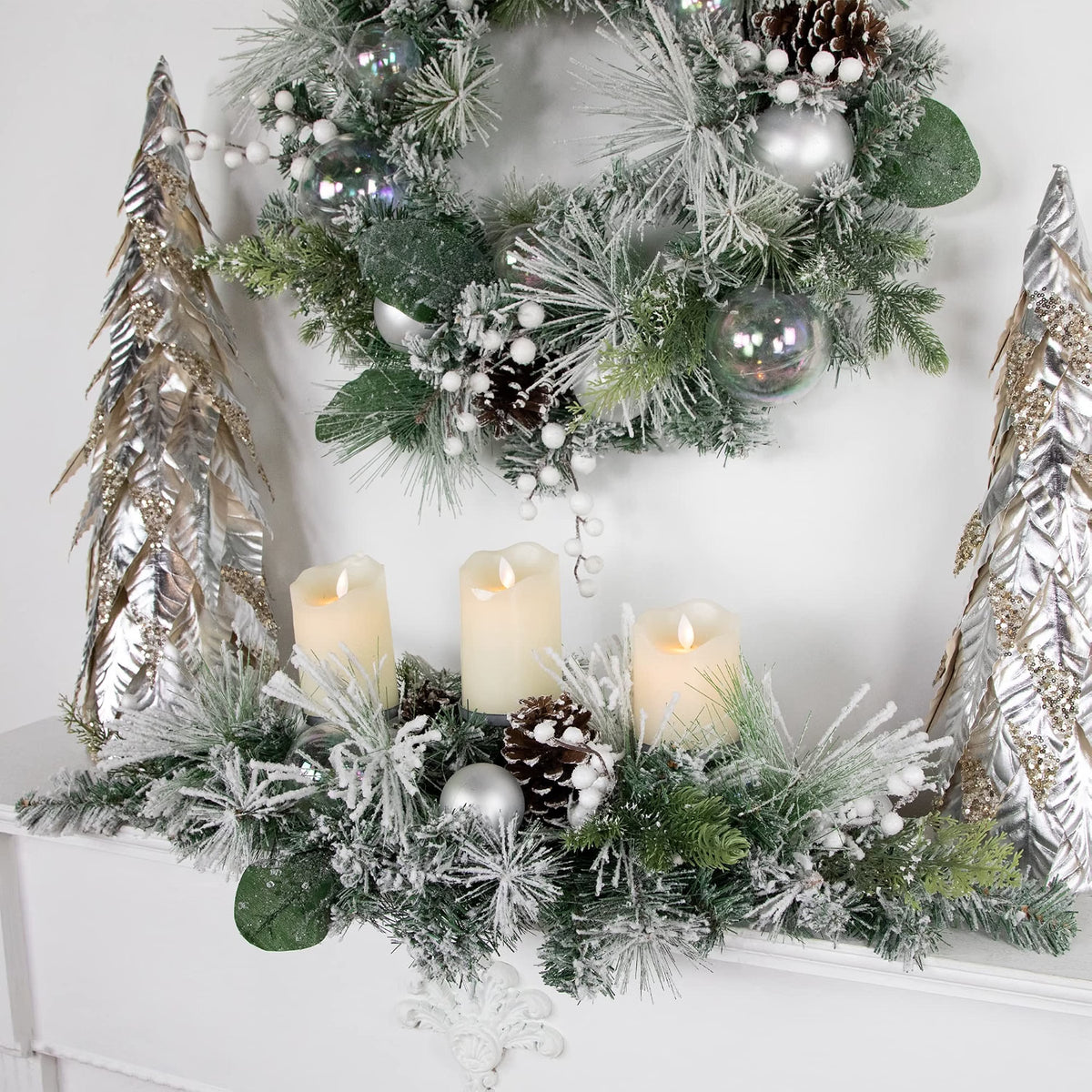 Flocked Pine Triple Candle Holder Centerpiece with Ornaments, 32 in – image 5