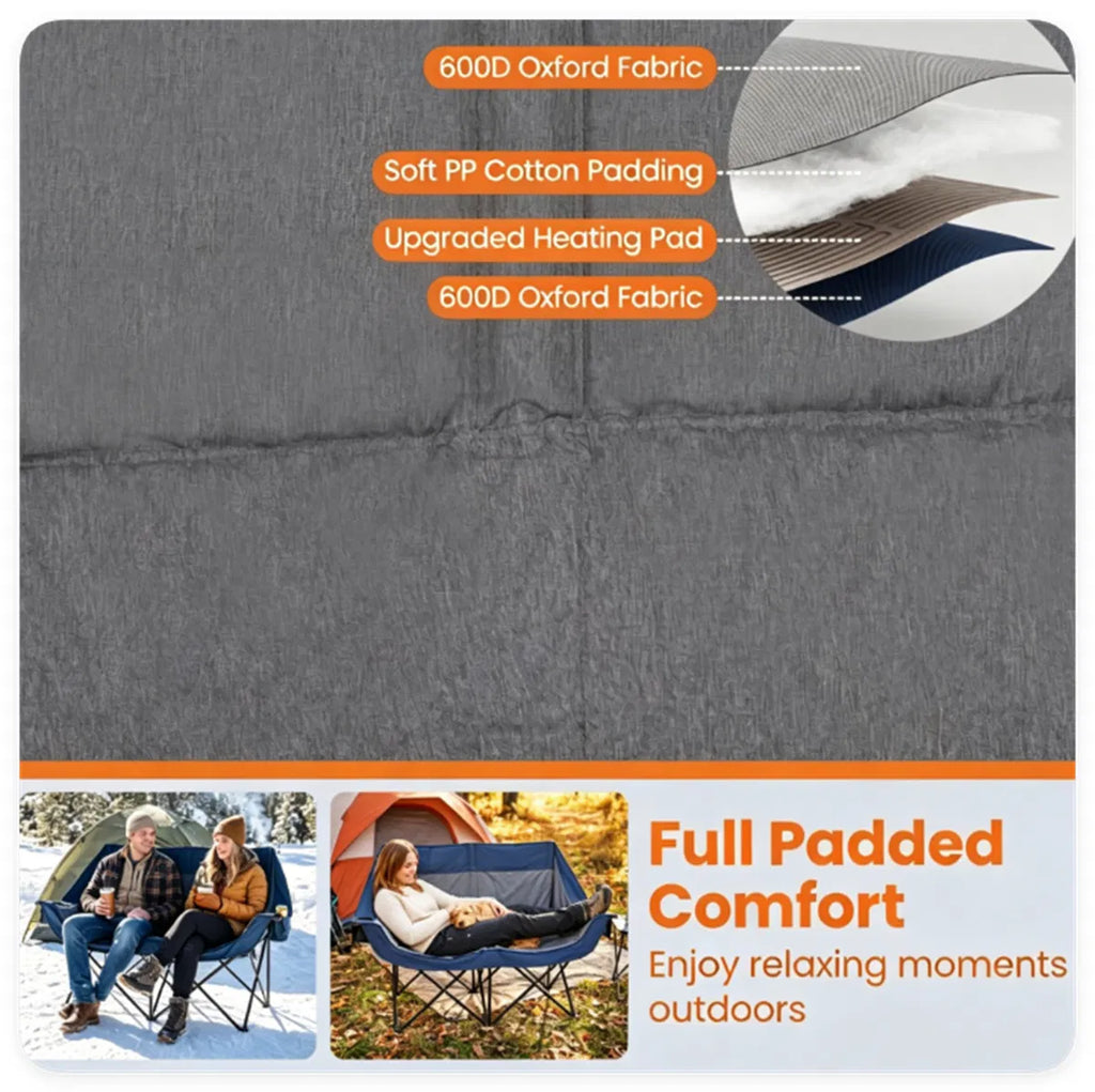 Heated Double Camping Chair, 2-Person Folding Loveseat with 3 Heat Levels, Navy – image 12