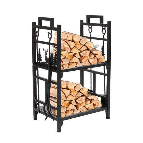 2-Tier Firewood Log Holder with 4 Fireplace Tools, Steel Log Rack – image 1