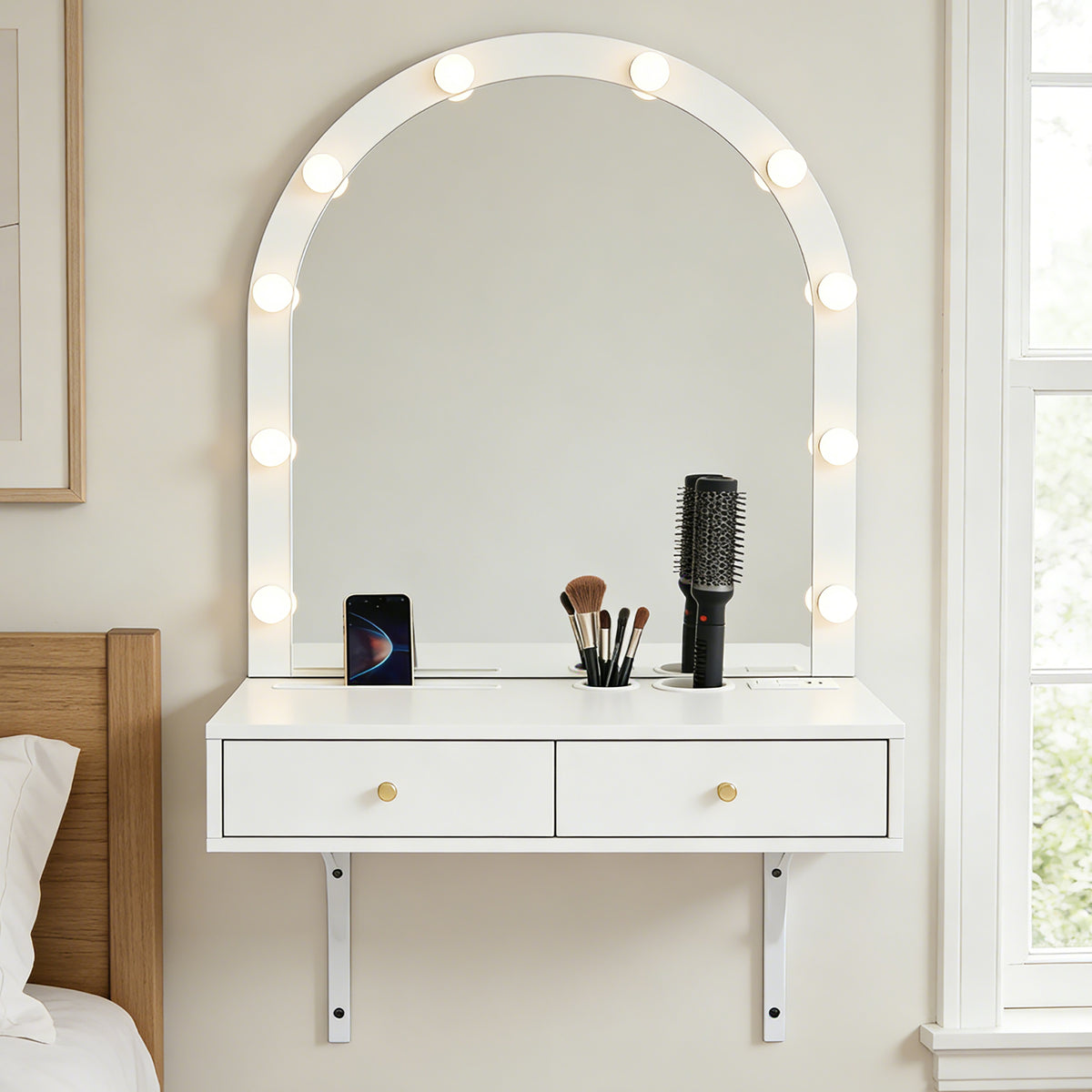 Floating Wall Makeup Vanity with Lighted Mirror and Power Outlets – image 4