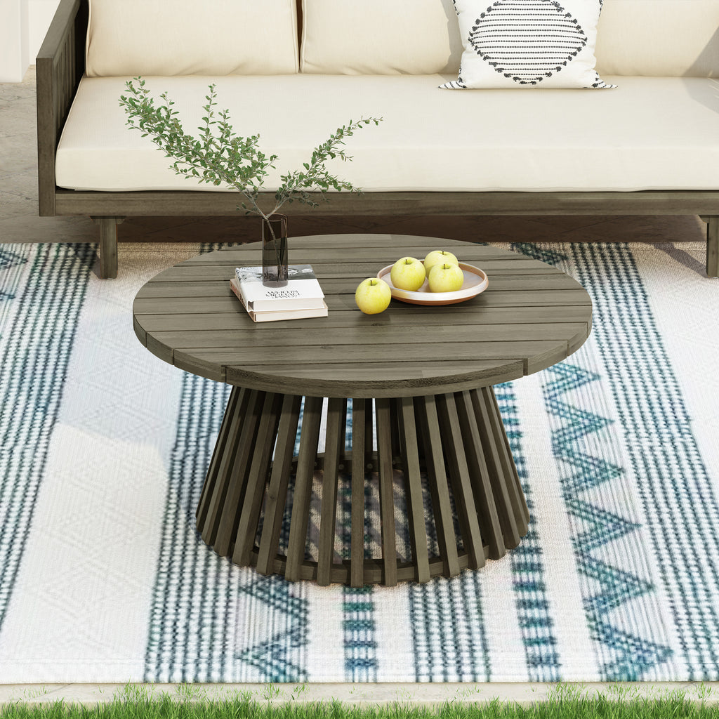 Outdoor Acacia Wood Round Coffee Table, 31.5 in, Grey Finish – image 3