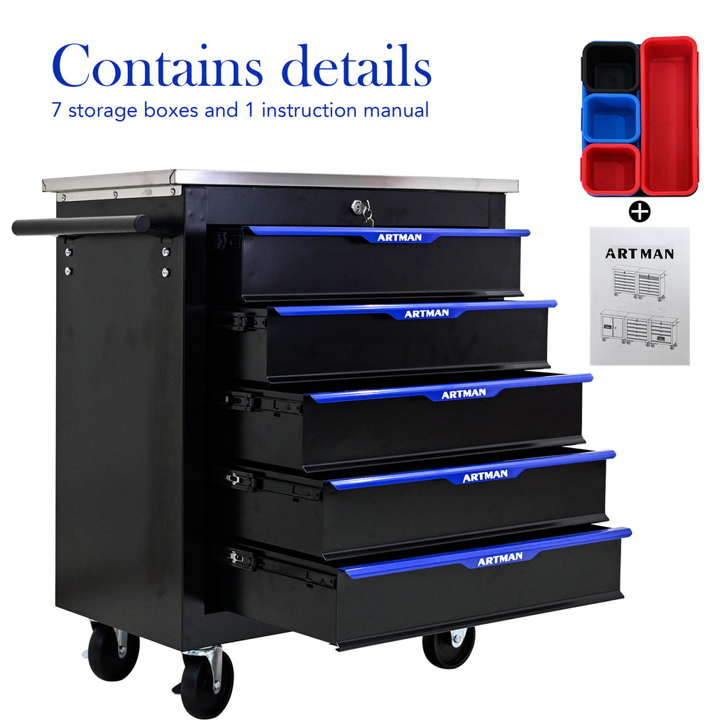 5 Drawer Lockable Tool Cart with Stainless Top and Brake Casters