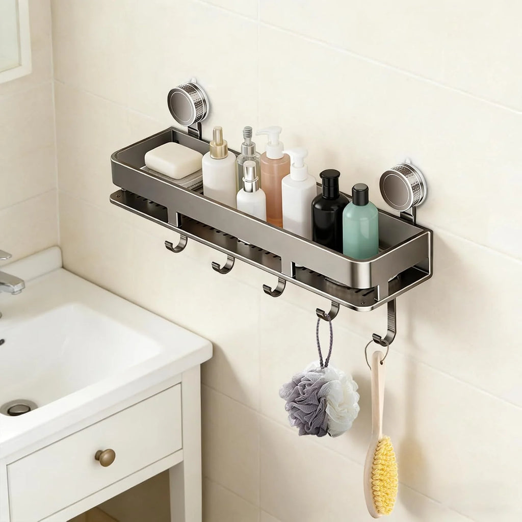 Suction Cup Shower Shelf – 21 in Wall Caddy with 5 Hooks – image 5