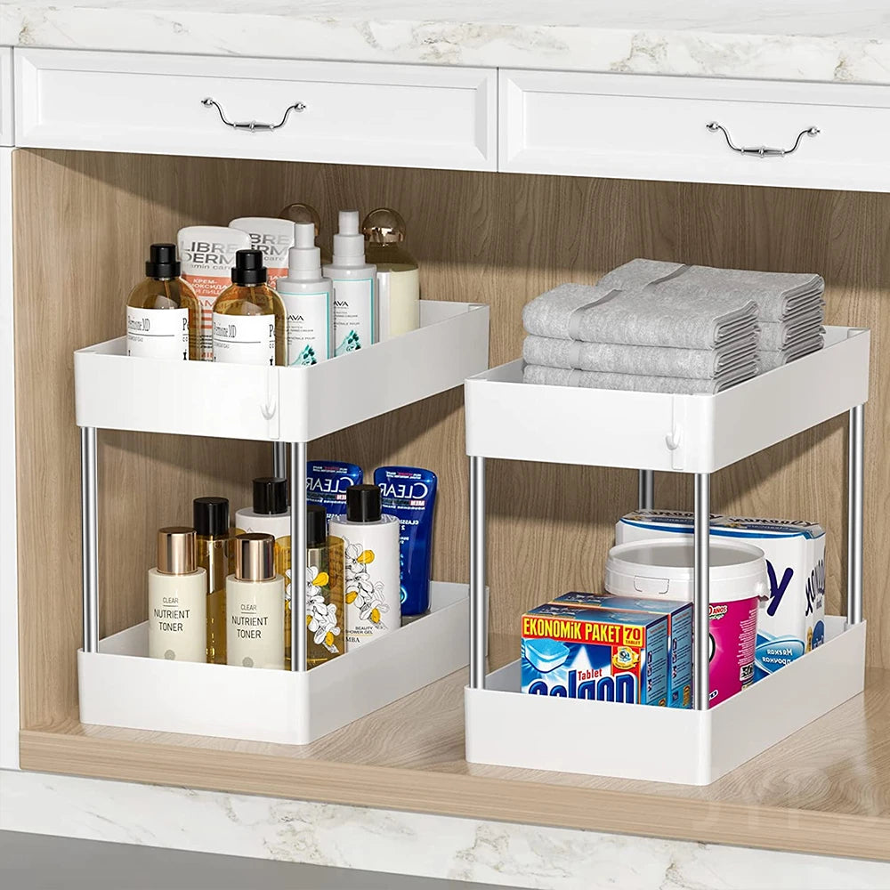Under Sink Organizer 2-Tier - Cabinet Storage Rack with Hooks – image 3