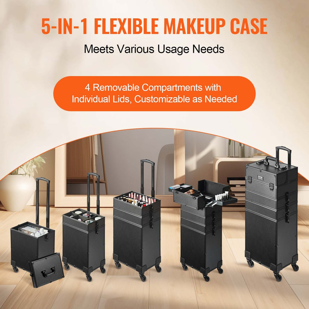 Rolling Makeup Case – 5-in-1 Aluminum Trolley Train Case, Black – image 4
