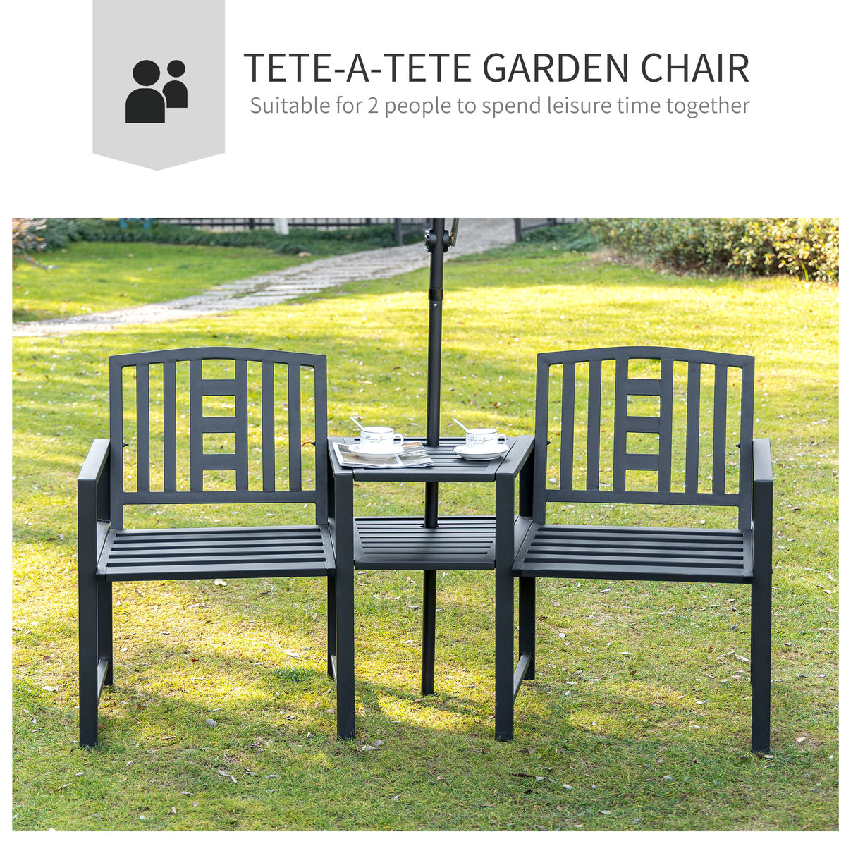 Metal Garden Bench with Center Table, 2-Seat Patio Tete-a-Tete – image 4