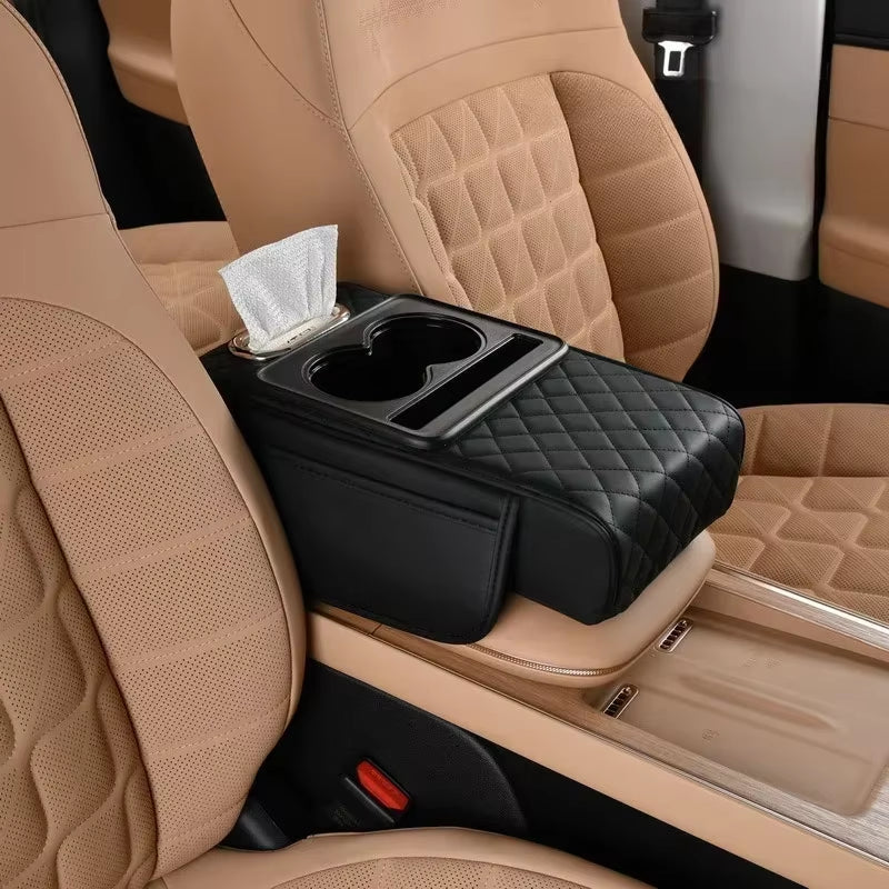 Car Armrest Cushion Riser with Storage Pockets and Tissue Holder