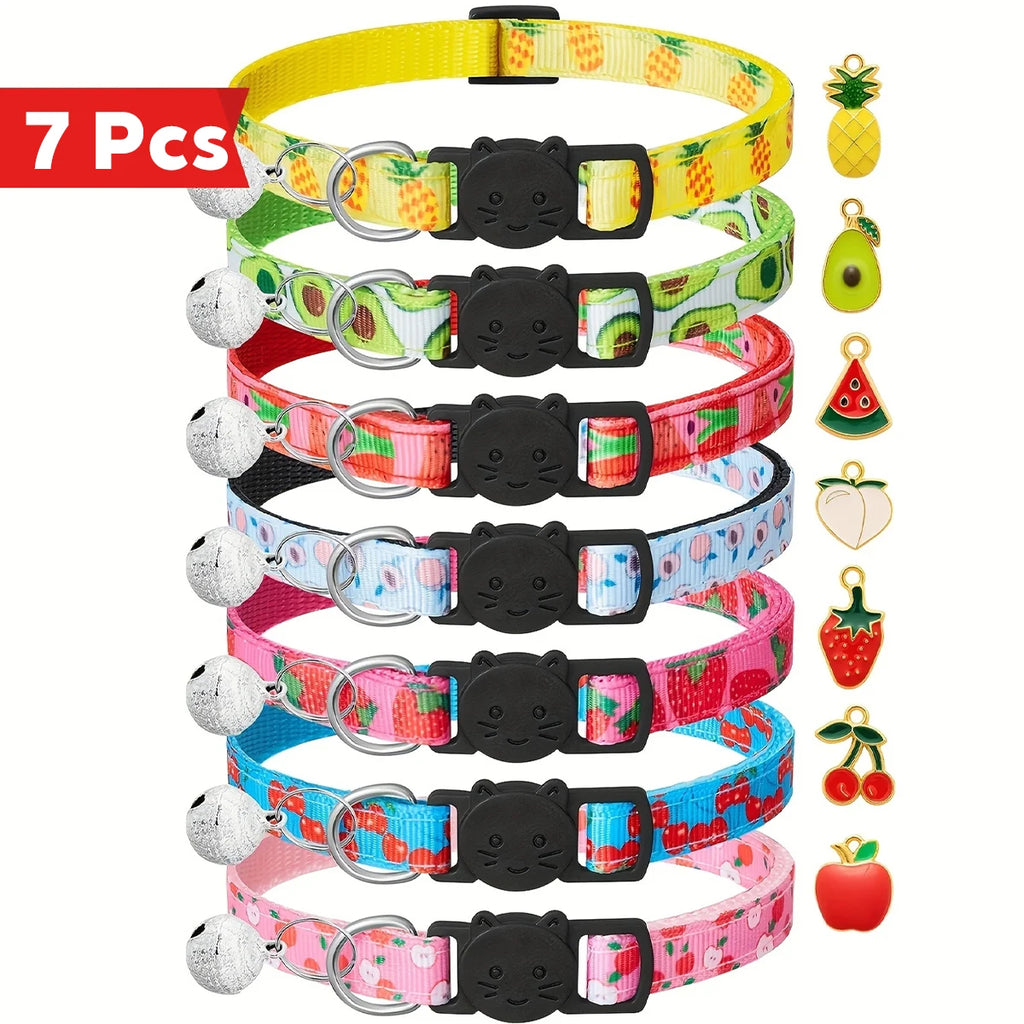 Breakaway Cat Collars 7-Pack - Fruit Pattern Kitten Collars with Bells