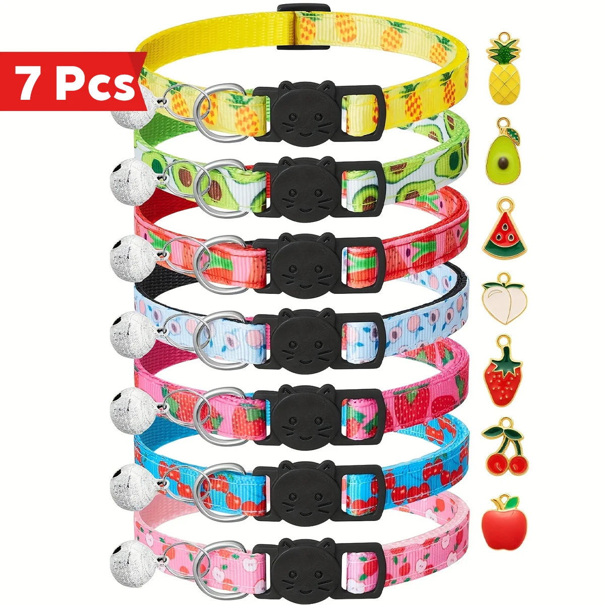Breakaway Cat Collars 7-Pack - Fruit Pattern Kitten Collars with Bells