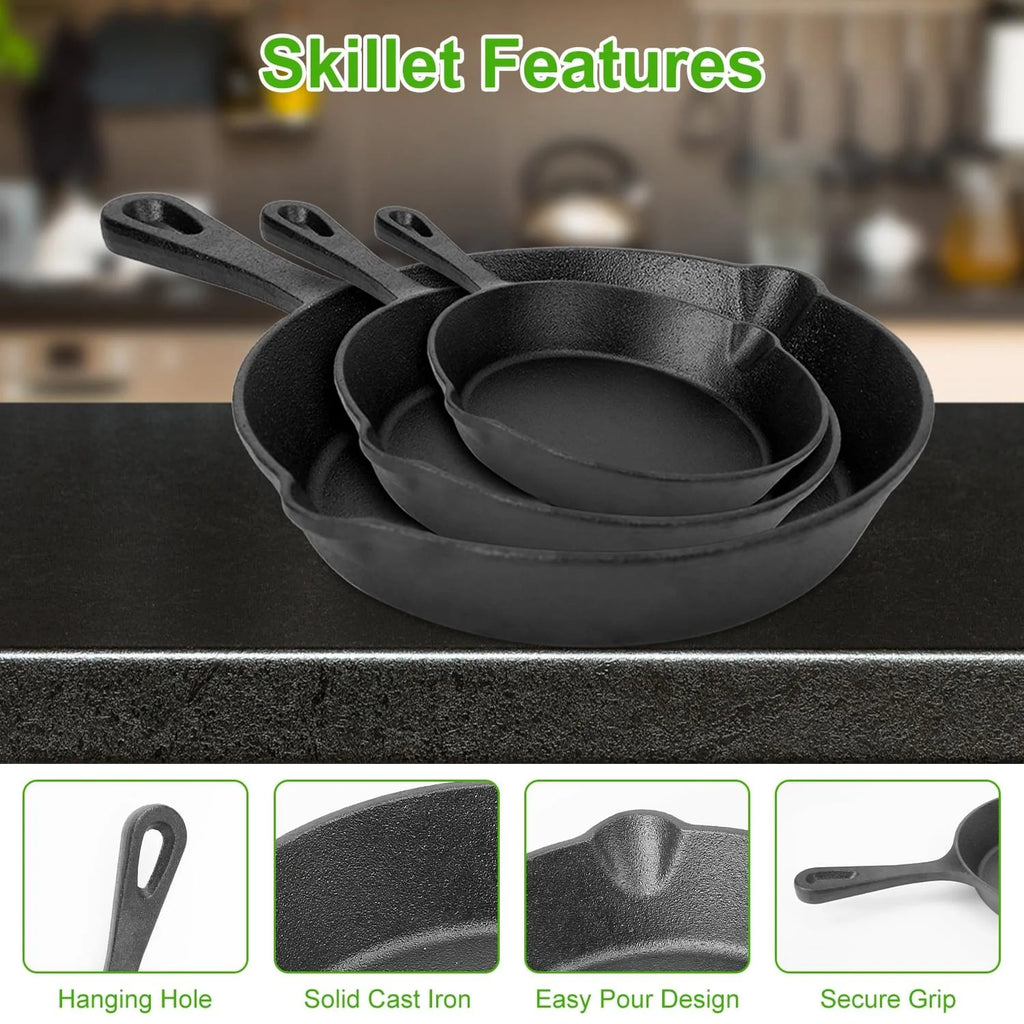 Cast Iron Skillet Set, 3-Piece Pre-Seasoned 6, 8 & 10 in Frying Pans – image 2