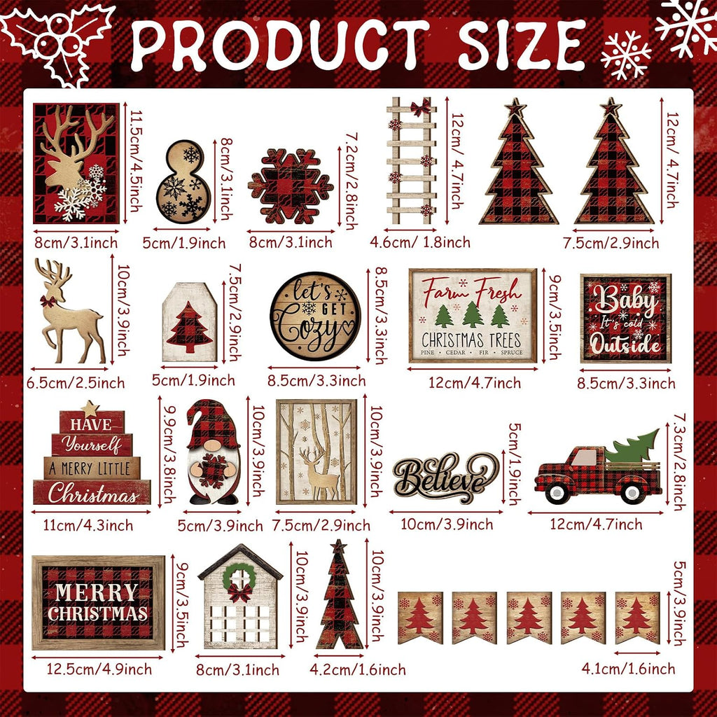 Christmas Tiered Tray Decor, Rustic Buffalo Plaid Wood, 24 Pack – image 3