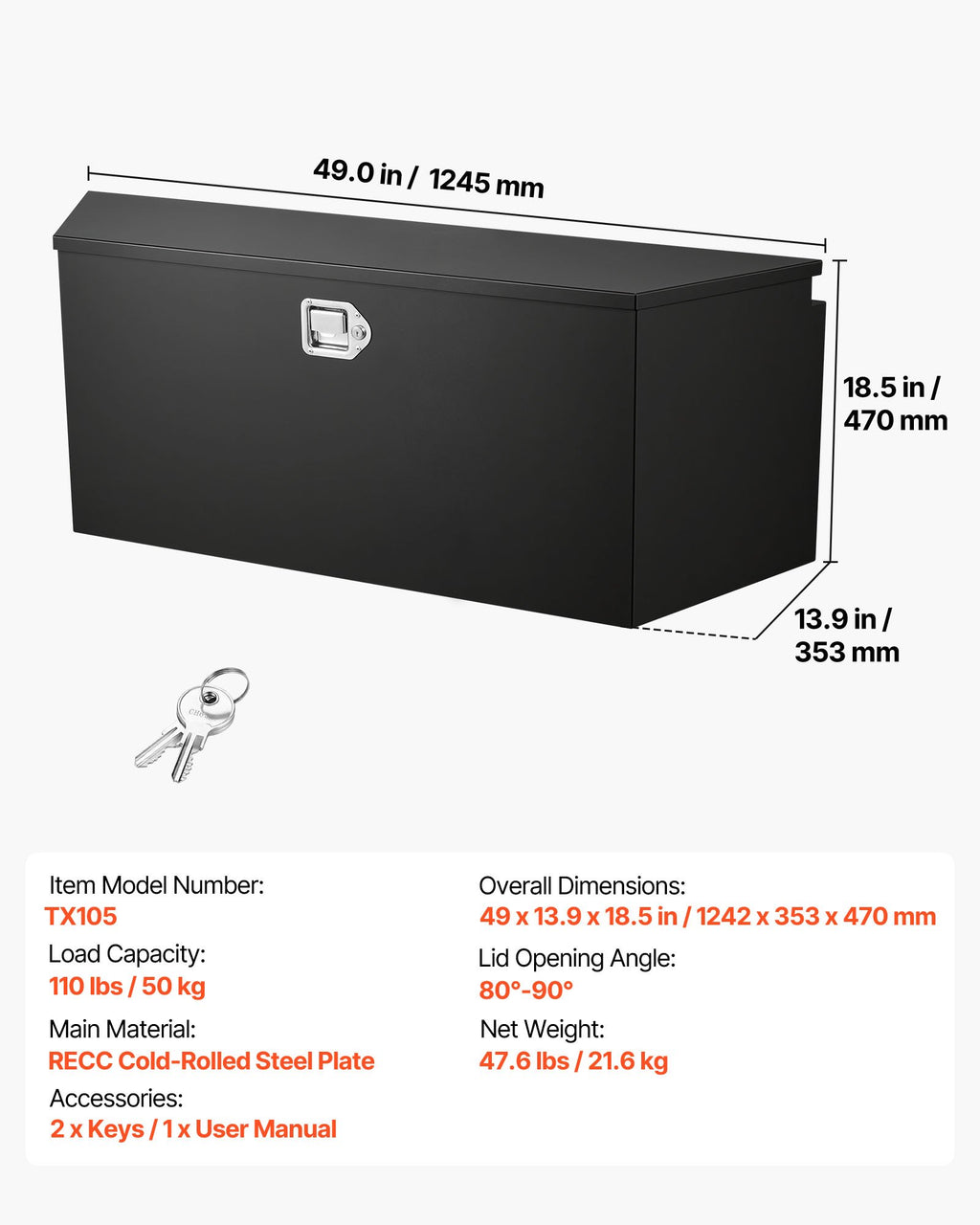 49 Inch Steel Trailer Tongue Tool Box with Lock, Gas Struts & Seals – image 1