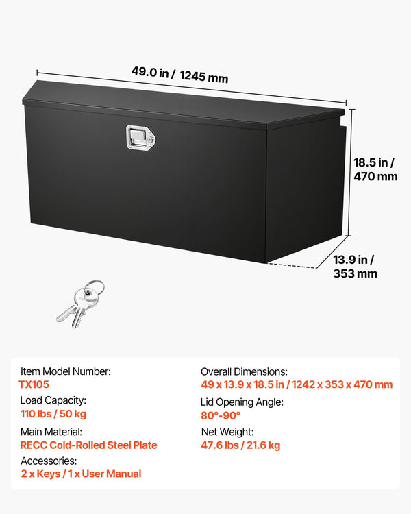 49 Inch Steel Trailer Tongue Tool Box with Lock, Gas Struts & Seals