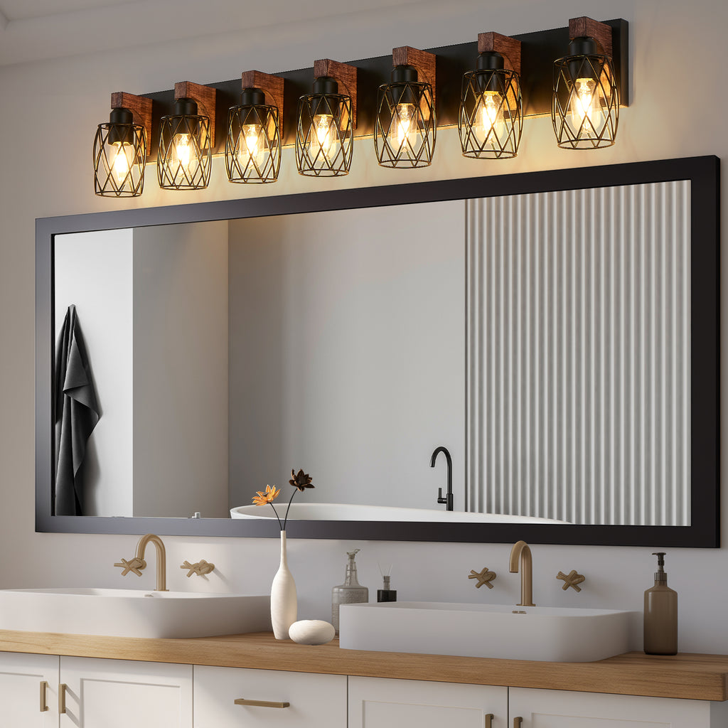 44 Inch Industrial 7-Light Cage Vanity Light Bar, Black & Walnut
