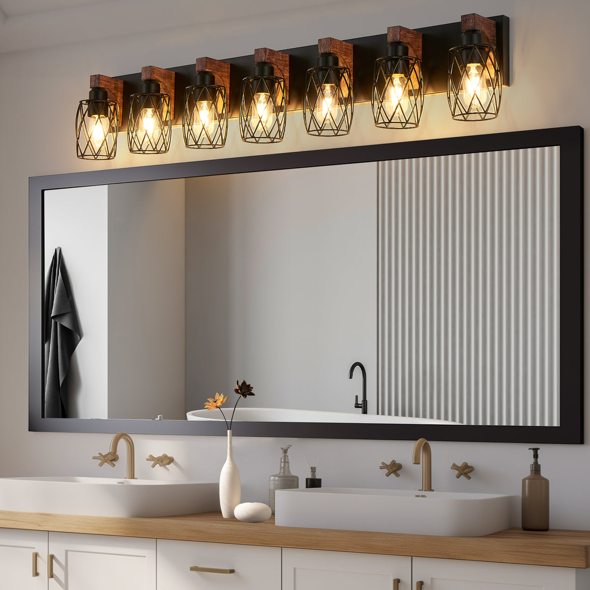 44 Inch Industrial 7-Light Cage Vanity Light Bar, Black & Walnut
