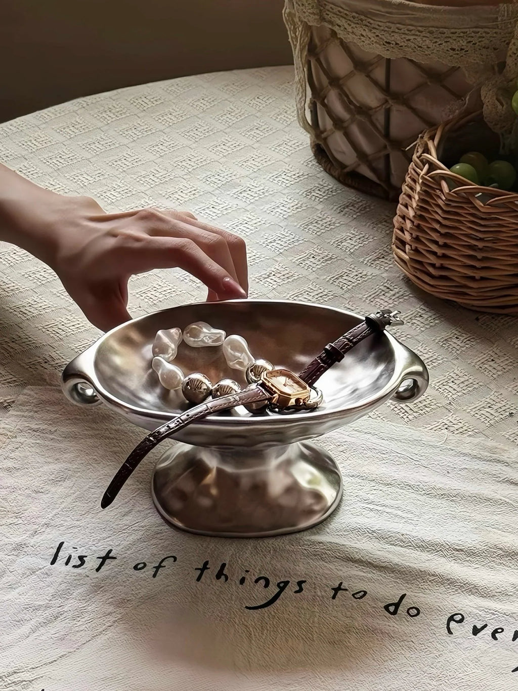 Silver Footed Ceramic Decorative Tray with Curled Handles – image 6