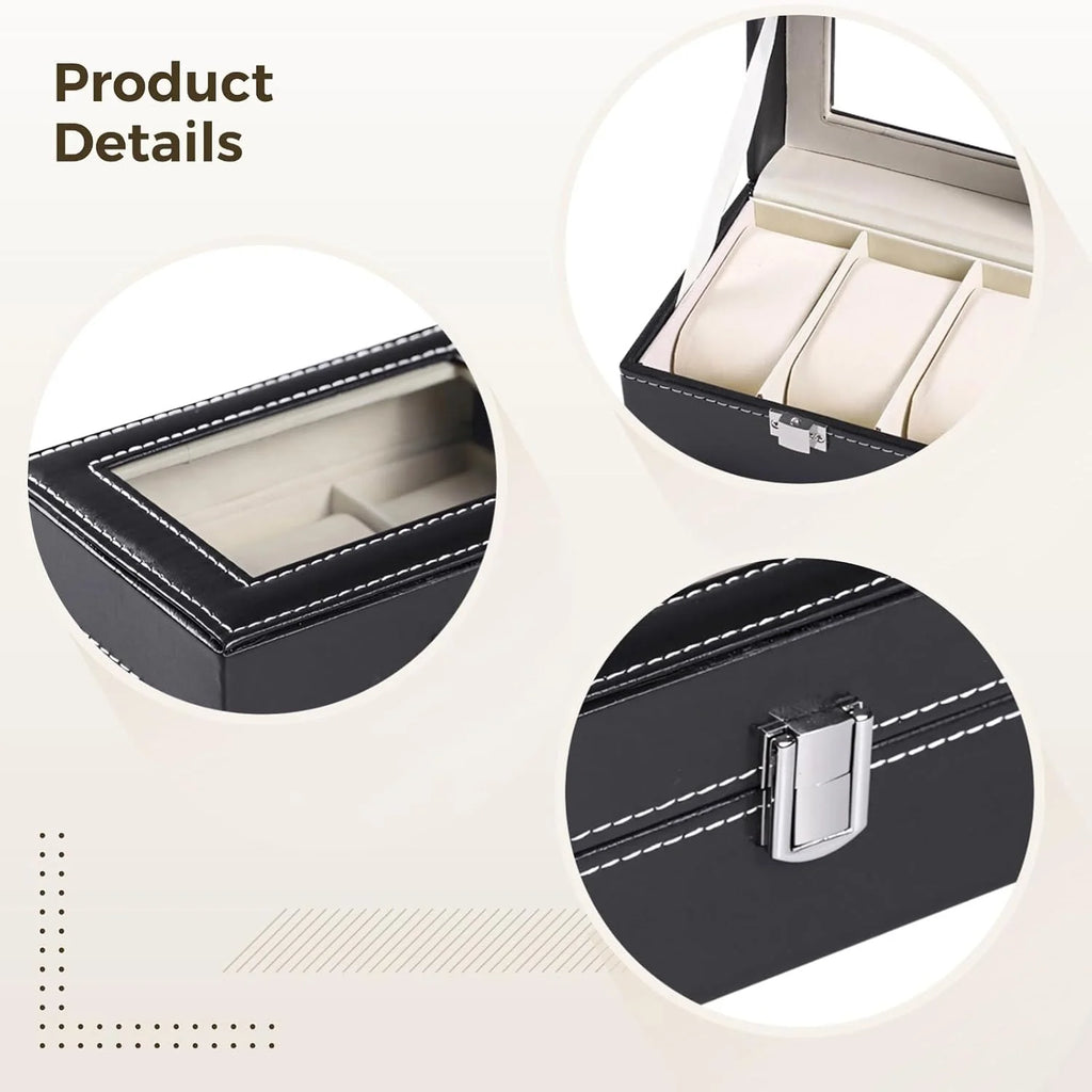Watch Box Organizer, 3 Slots with Acrylic Window, Black PU Leather – image 4