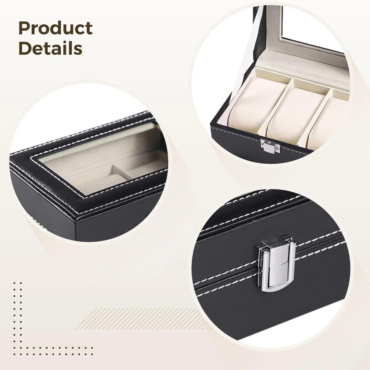 Watch Box Organizer, 3 Slots with Acrylic Window, Black PU Leather – image 4