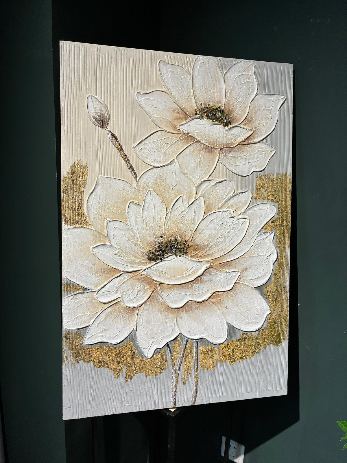 Textured Lotus Flower Canvas Wall Art 24 x 36 In, White and Gold – image 10