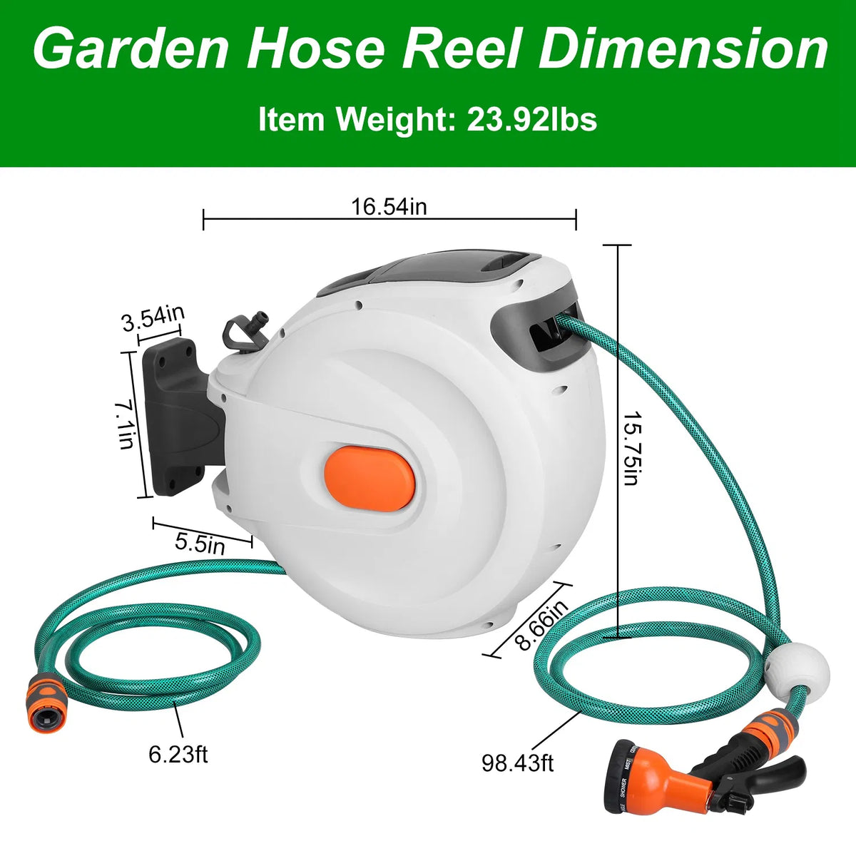 Wall Mount Retractable Garden Hose Reel 98 Ft with Sprayer