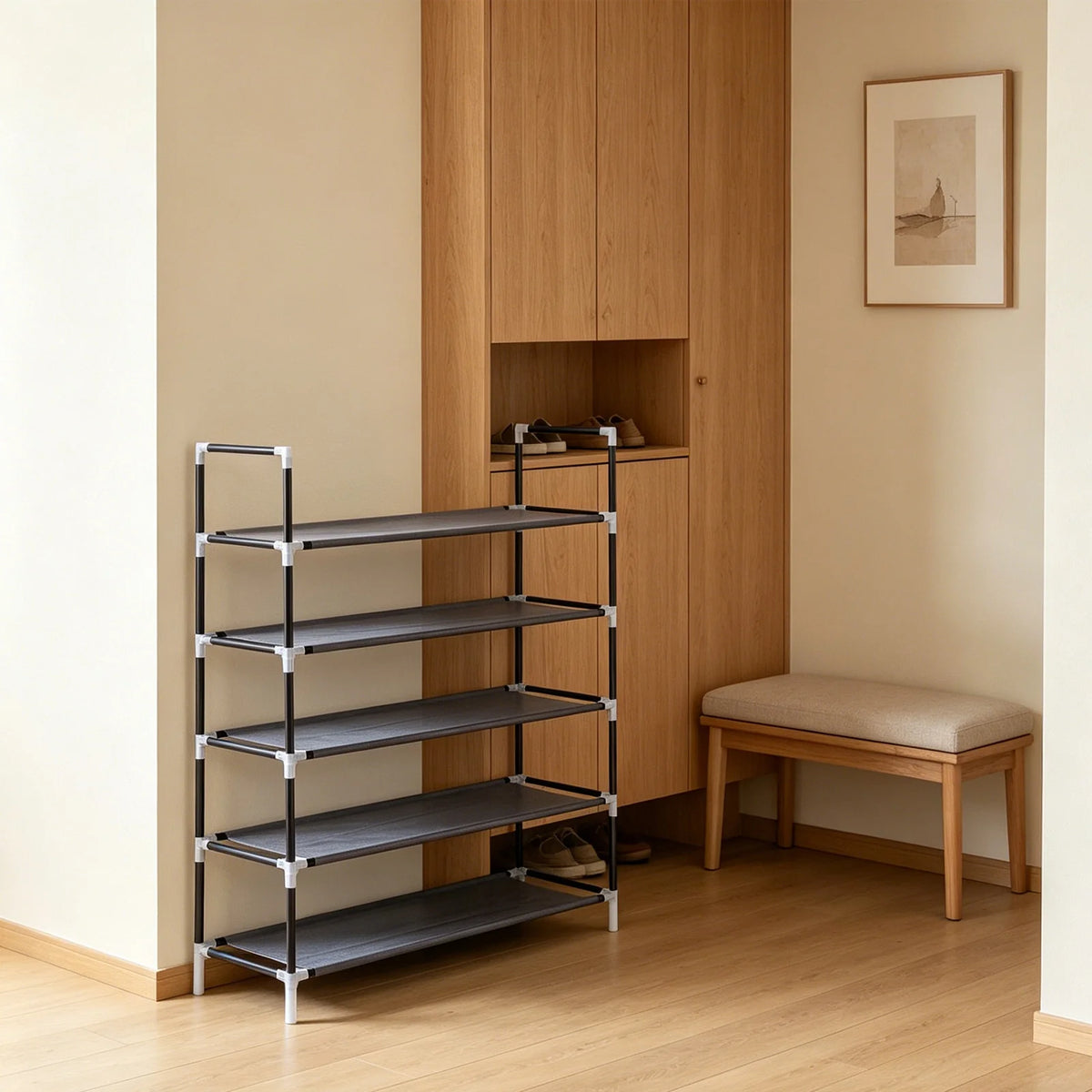Shoe Rack - 5 Tier Stackable Fabric and Steel Shoe Tower