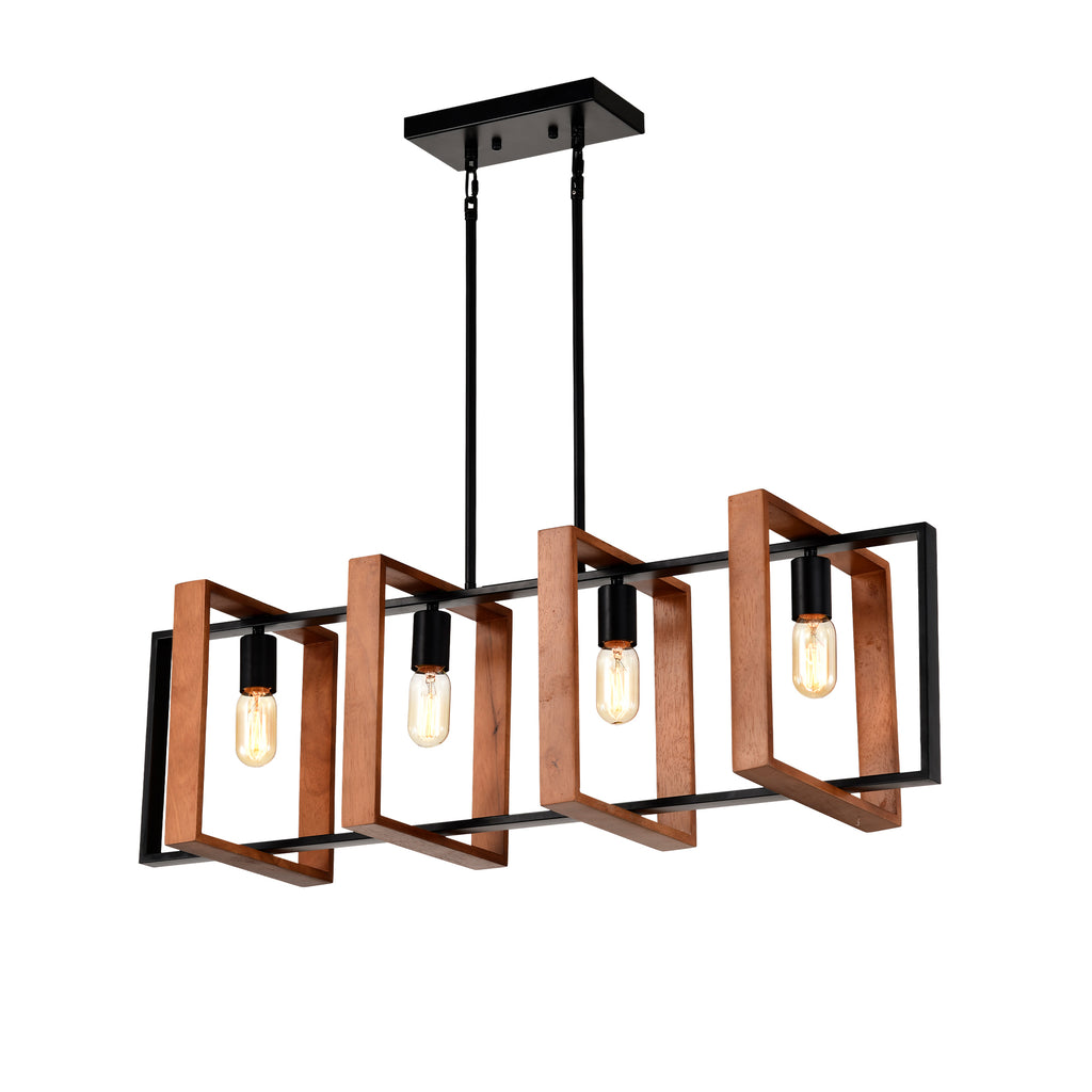 4-Light Farmhouse Kitchen Island Pendant Wood and Black 36 In