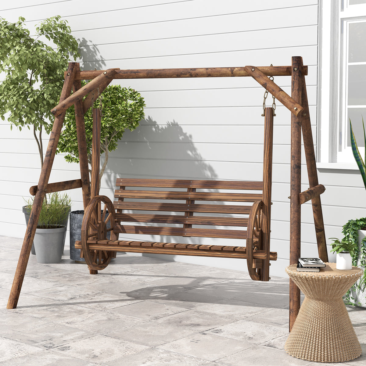 Porch Swing with A-Frame Stand, 2-Seat Wooden Log Patio Swing – image 2