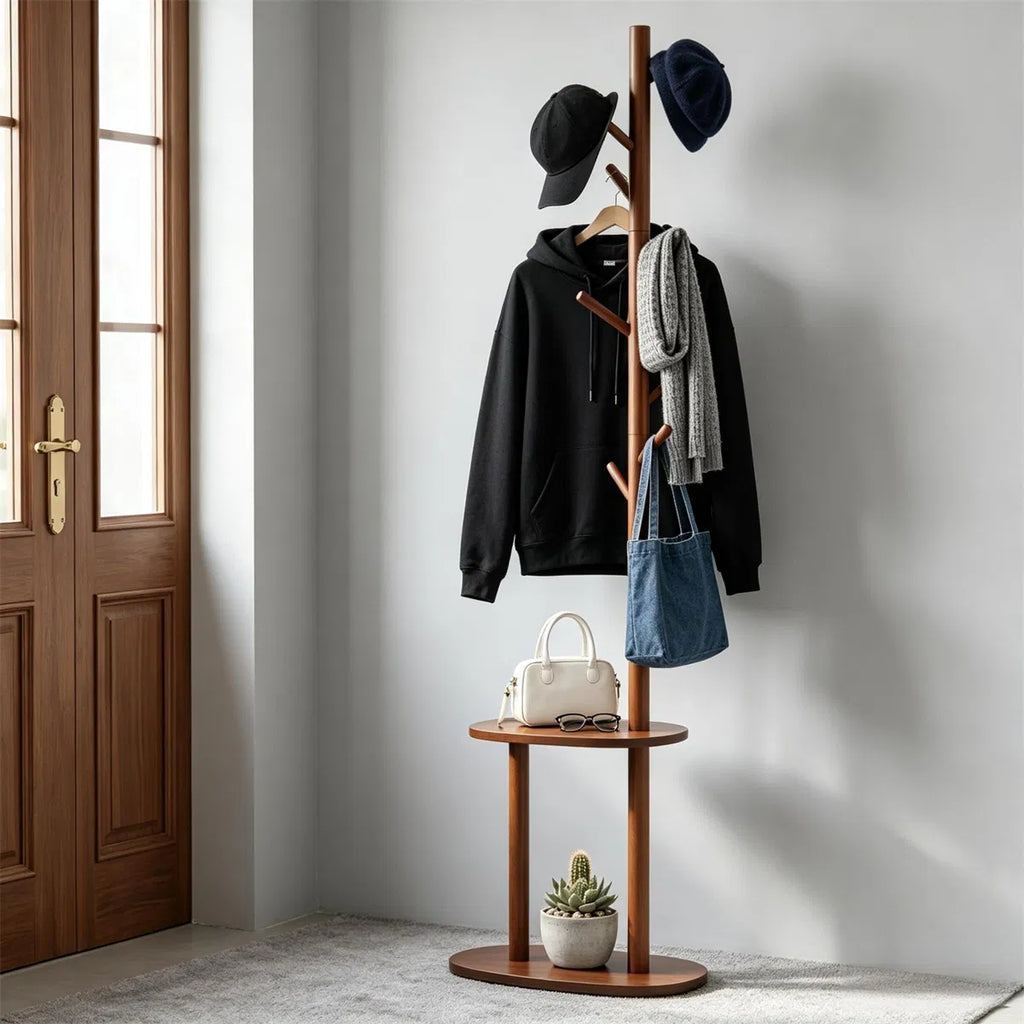Rubber Wood Coat Tree with 8 Staggered Hooks and 2 Shelves – image 4