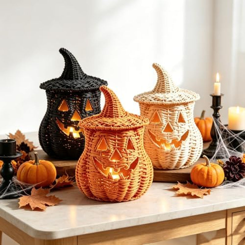 Wicker Pumpkin Lantern 11 in, Handwoven Rattan Halloween Decor – image 5