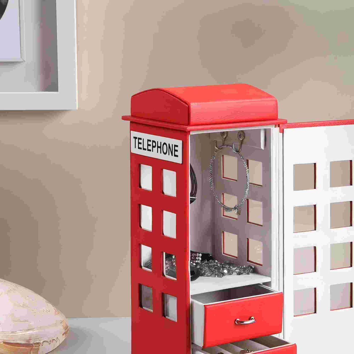 Leather Jewelry Box 11.5 in Tall, Red Telephone Booth Design – image 5