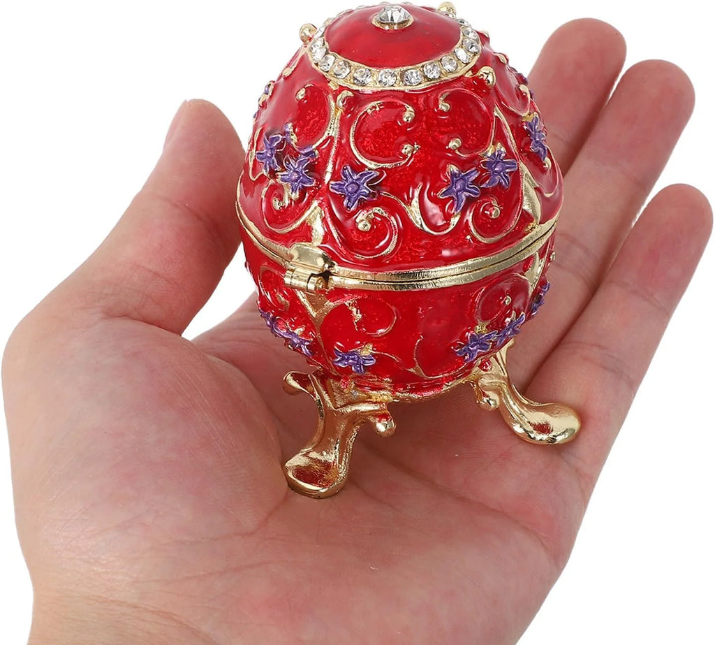 Enamel Egg Trinket Box – Hand Painted Hinged Jewelry Box, Red – image 3