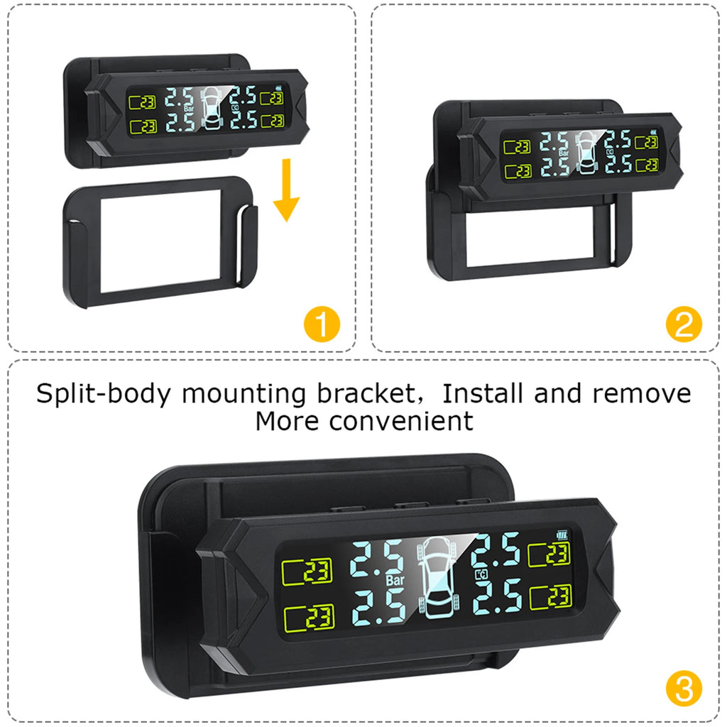 Solar Wireless TPMS - Tire Pressure Monitoring System with 4 Sensors & LCD Display
